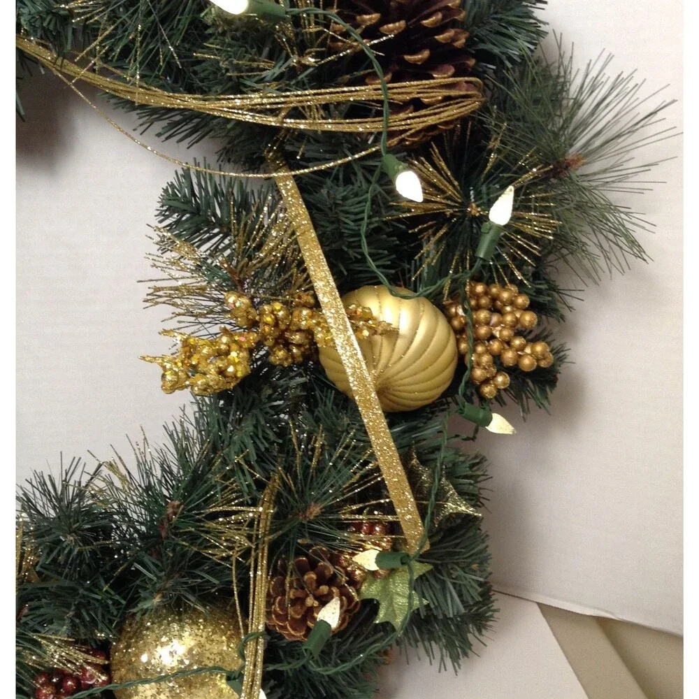 Christmas Wreath PreLit Green/Gold Pine Cones Balls Glamour Front Door Wall 23